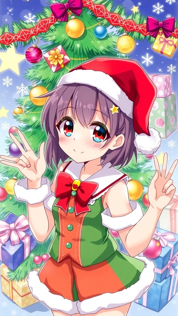 Anime character in Christmas attire with a festive background of decorations and gifts.